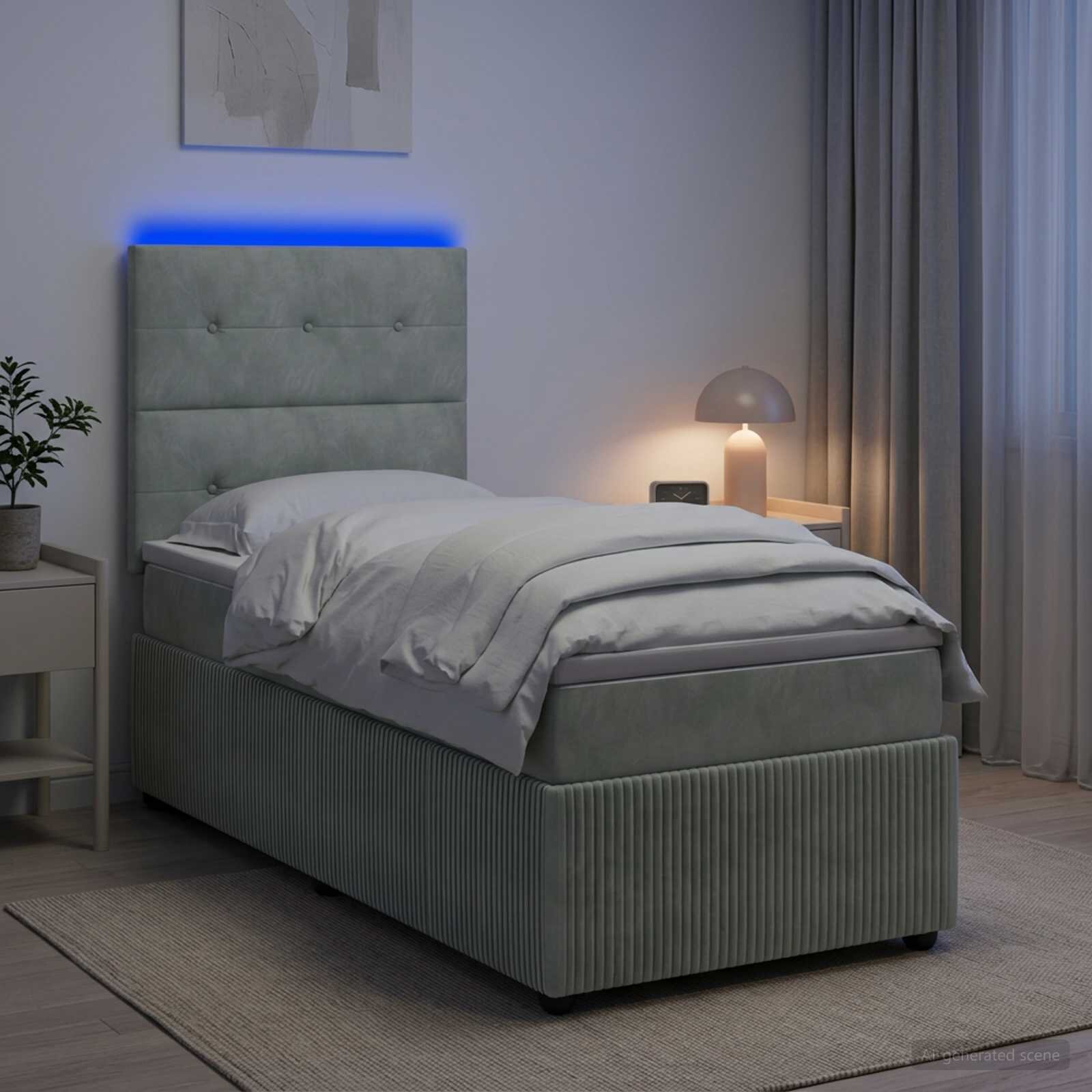 vidaXL LED легло с матрак с LED ленти Светлосиво 100 x 200 cm Кадифе