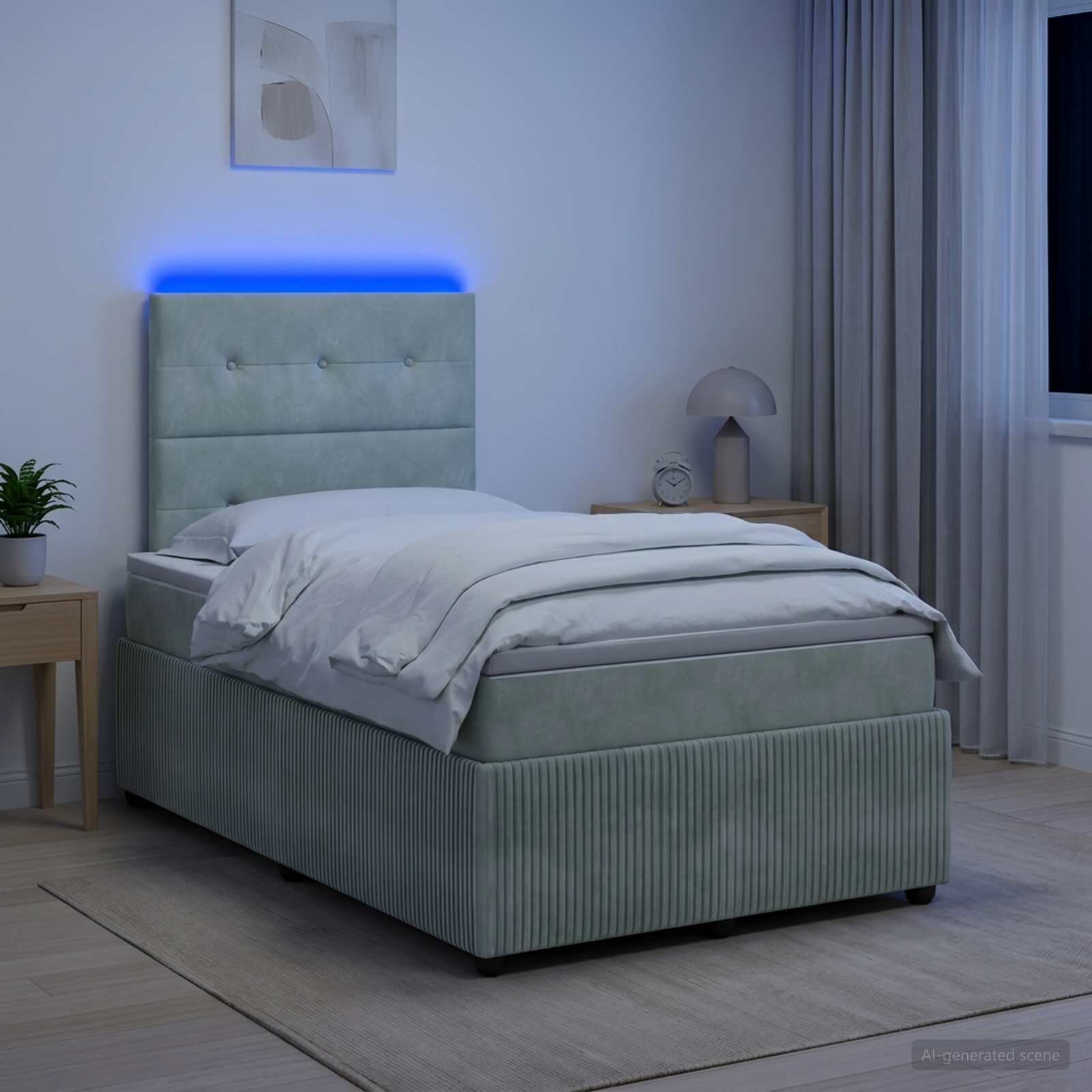 vidaXL LED легло с матрак с LED ленти Светлосиво 120 x 190 cm Кадифе