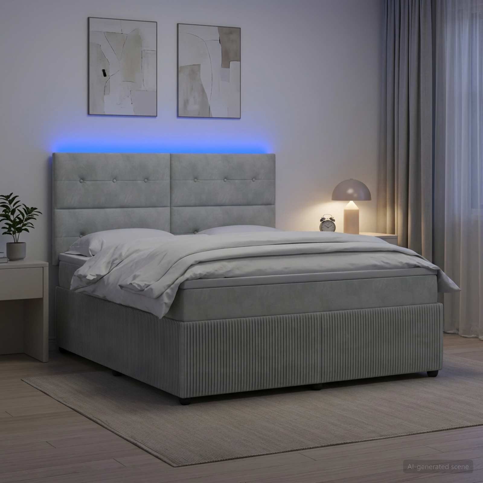 vidaXL LED легло с матрак с LED ленти Светлосиво 180 x 200 cm Кадифе