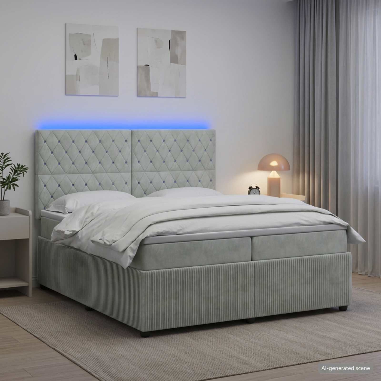 vidaXL LED легло с матрак с LED ленти Светлосиво 200 x 200 cm Кадифе