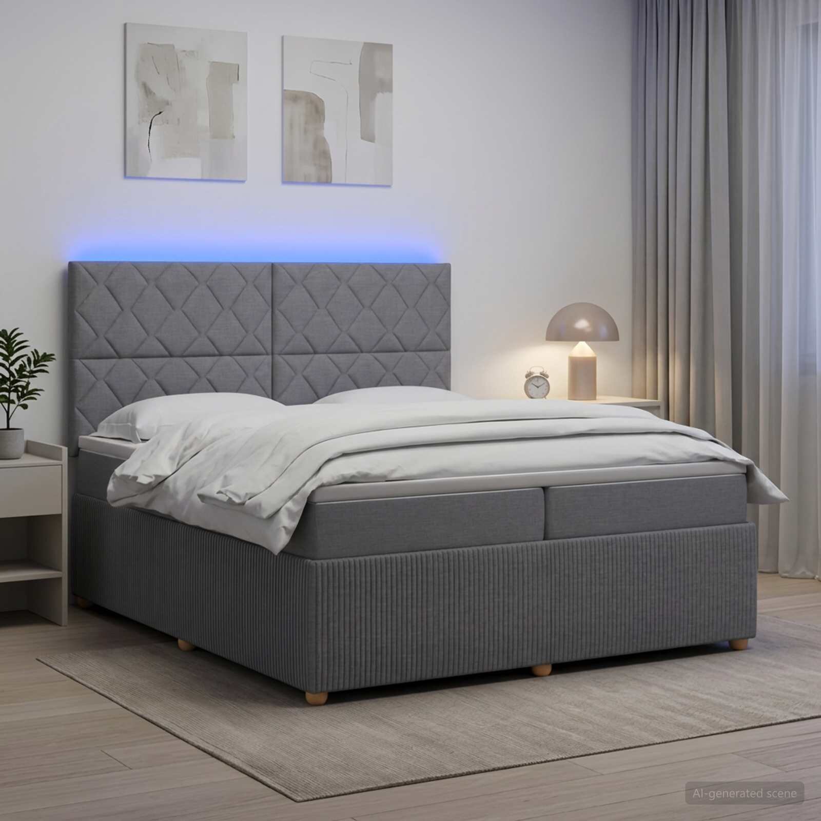 vidaXL LED легло с матрак с LED ленти Светлосиво 200 x 200 cm Текстил