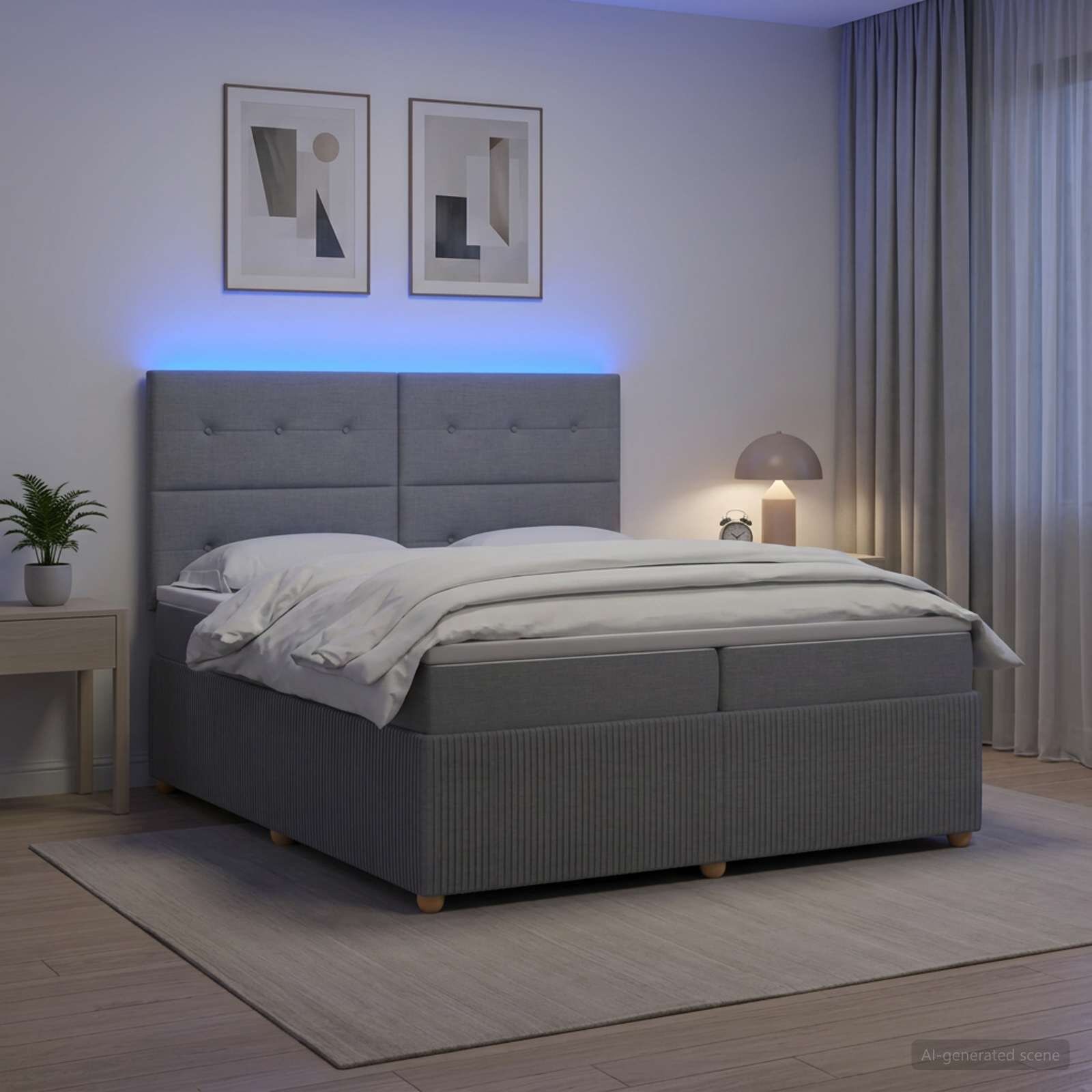 vidaXL LED легло с матрак с LED ленти Светлосиво 200 x 200 cm Текстил