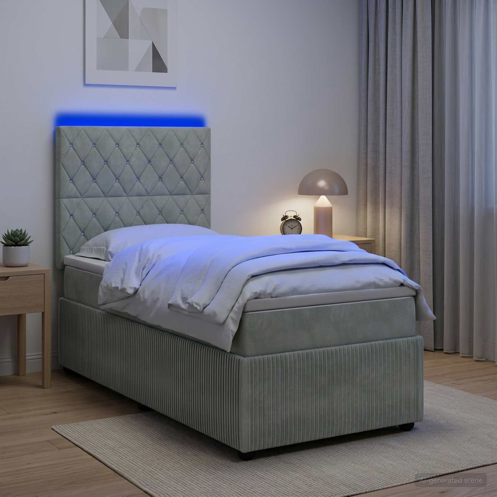 vidaXL LED легло с матрак с LED ленти Светлосиво 90 x 190 cm Кадифе