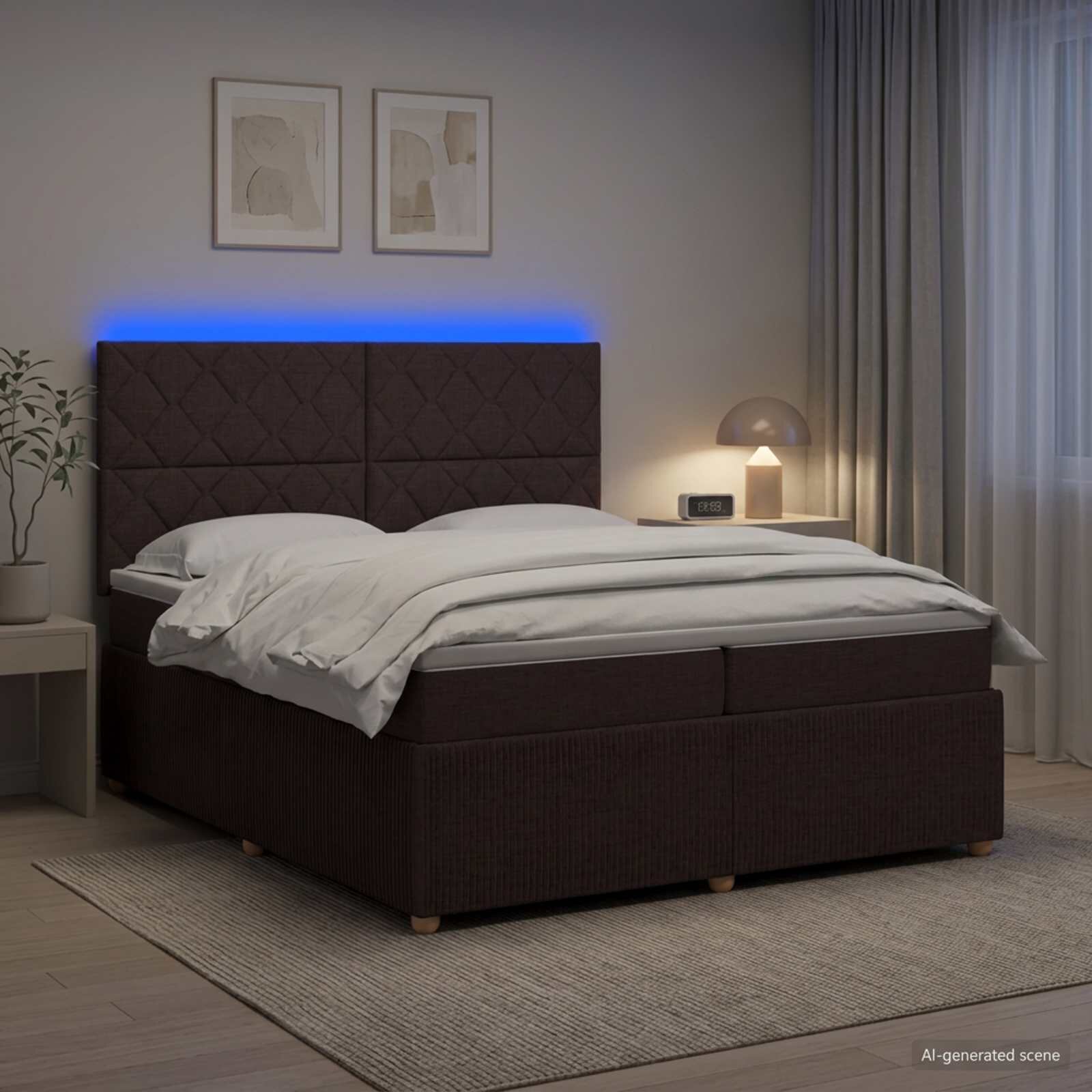vidaXL LED легло с матрак с LED ленти Тъмен кафяв 200 x 200 cm Текстил