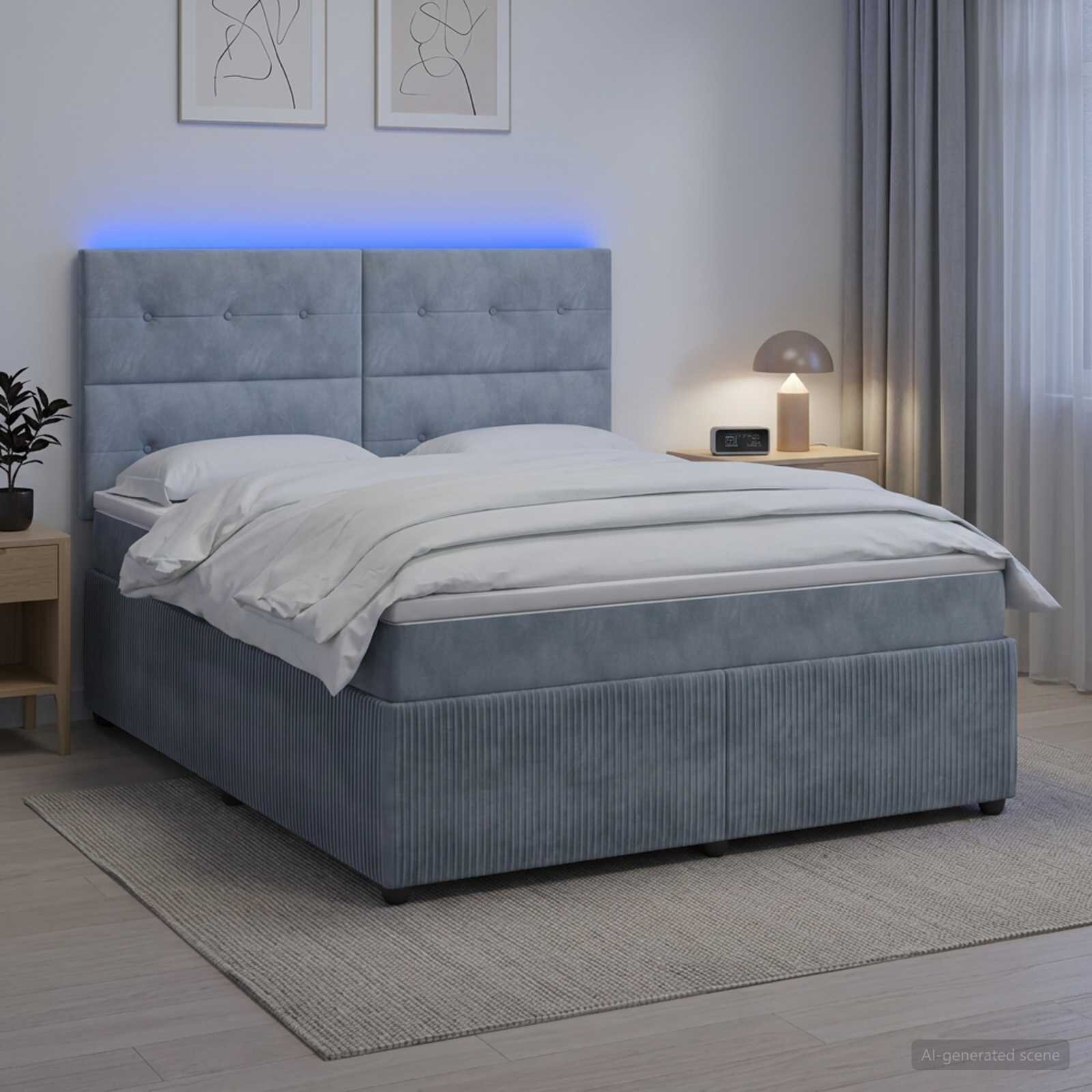 vidaXL LED легло с матрак с LED ленти Тъмносиво 180 x 200 cm Кадифе