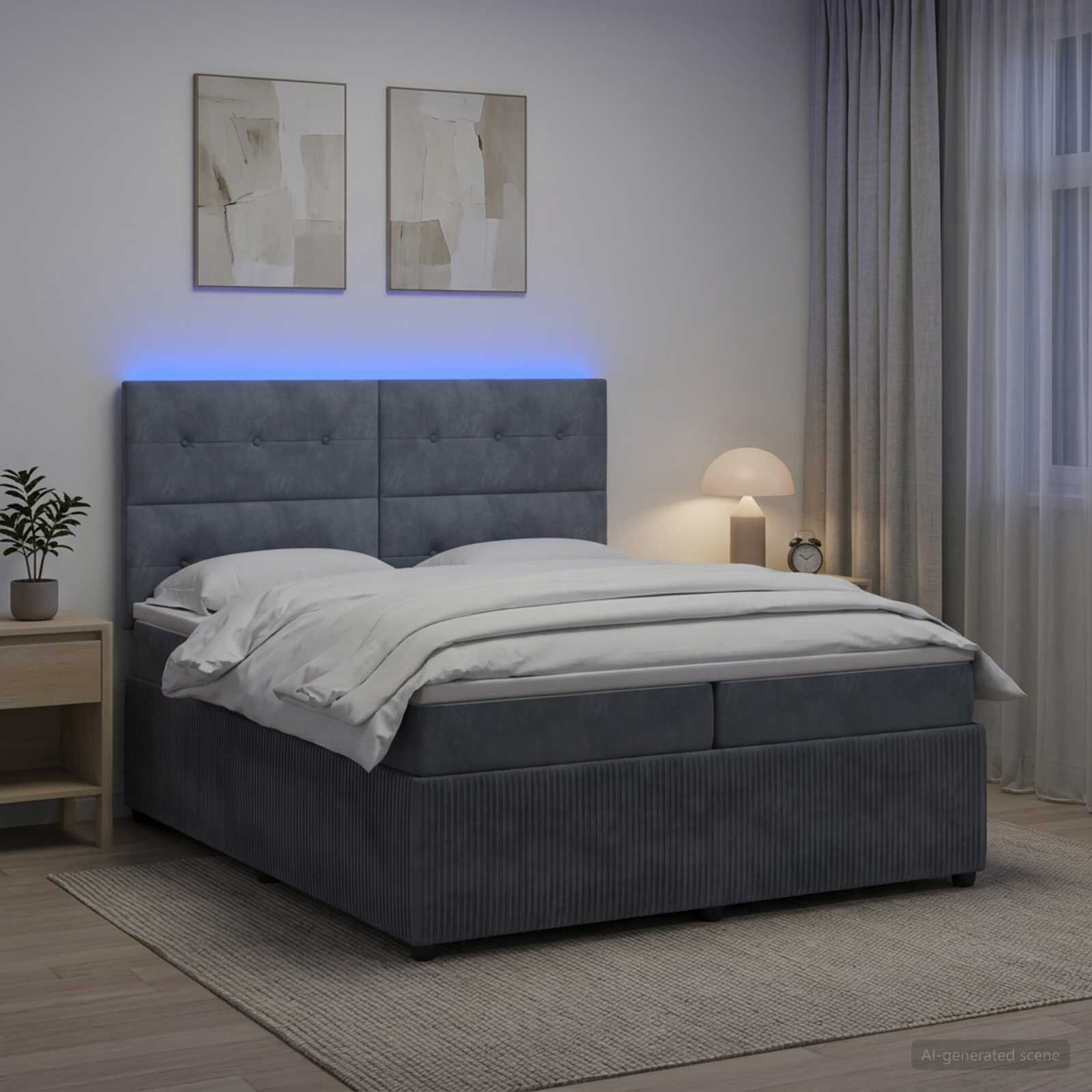 vidaXL LED легло с матрак с LED ленти Тъмносиво 200 x 200 cm Кадифе