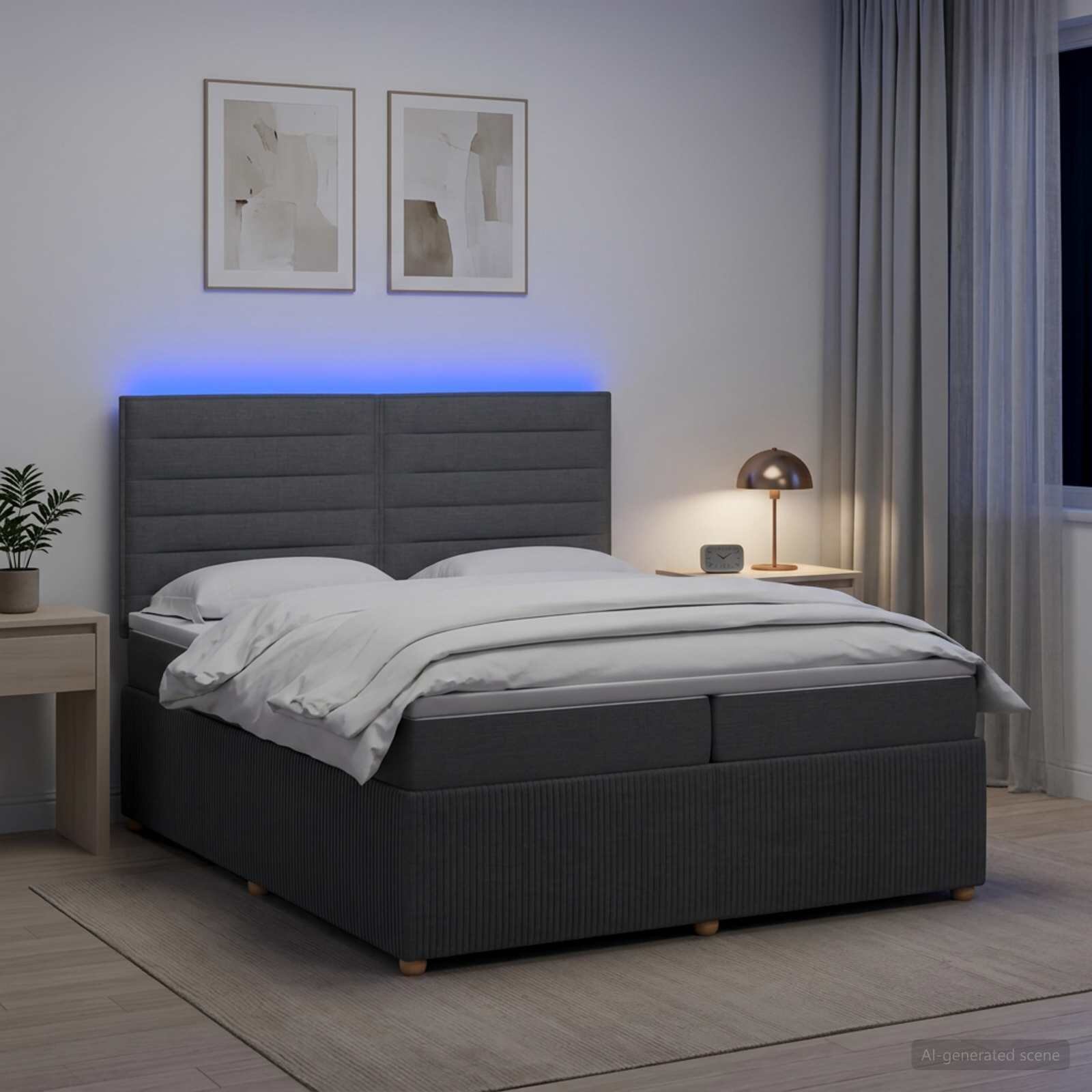 vidaXL LED легло с матрак с LED ленти Тъмносиво 200 x 200 cm Текстил