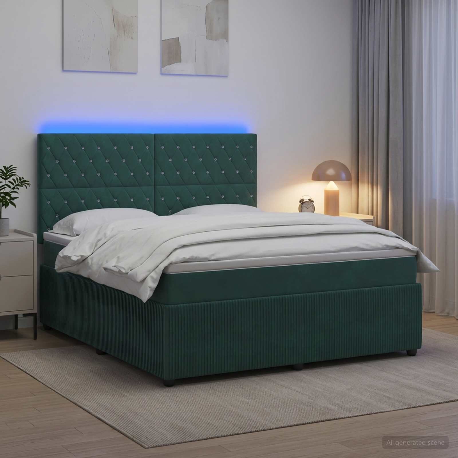 vidaXL LED легло с матрак с LED ленти Тъмнозелено 140 x 200 cm Кадифе
