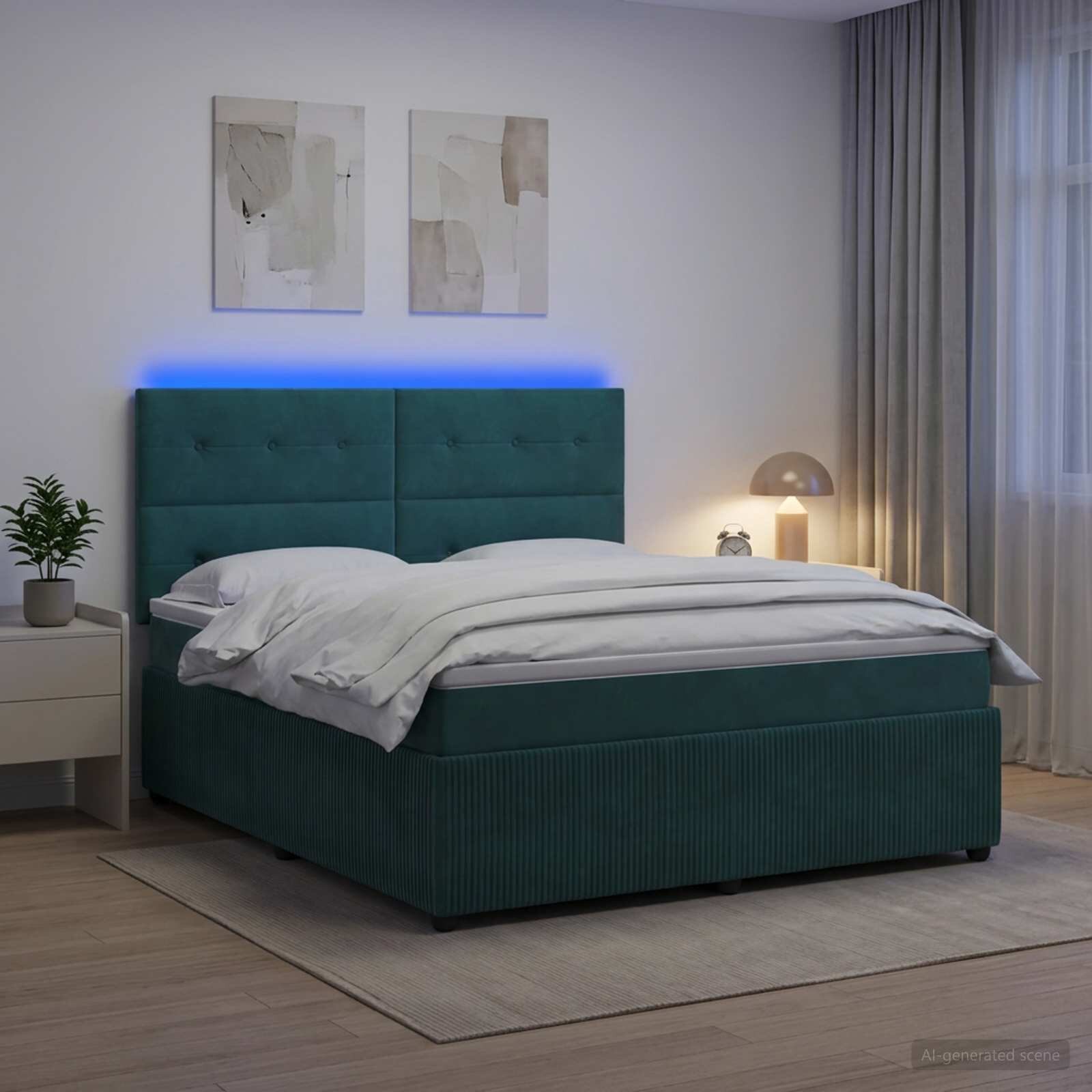 vidaXL LED легло с матрак с LED ленти Тъмнозелено 180 x 200 cm Кадифе