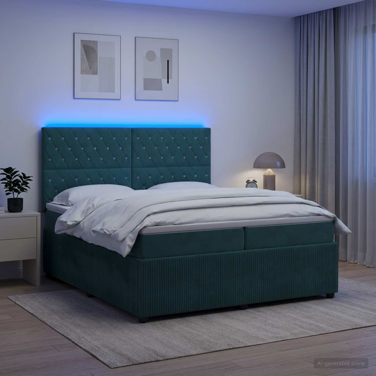 vidaXL LED легло с матрак с LED ленти Тъмнозелено 200 x 200 cm Кадифе