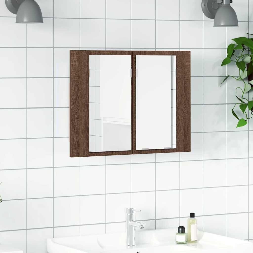 vidaXL LED огледален шкаф кафяв дъб 60x12x45 см инженерно дърво