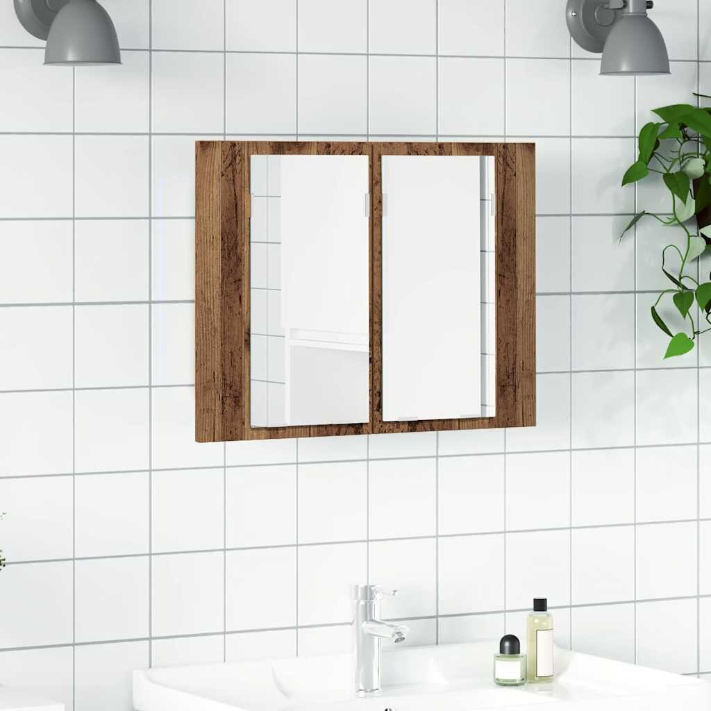 vidaXL LED огледален шкаф старо дърво 60x12x45 см инженерно дърво