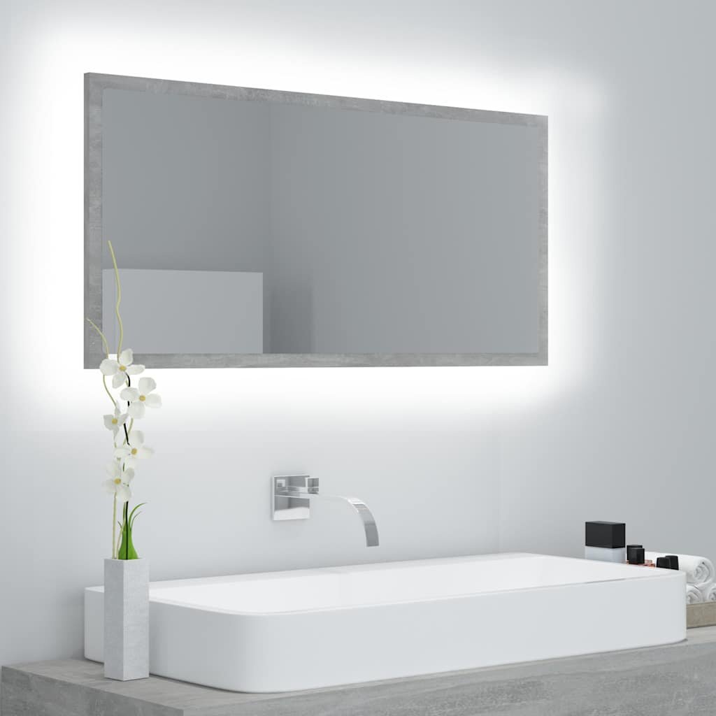 vidaXL LED огледало за баня бетонно сиво 90x85x37 см акрил