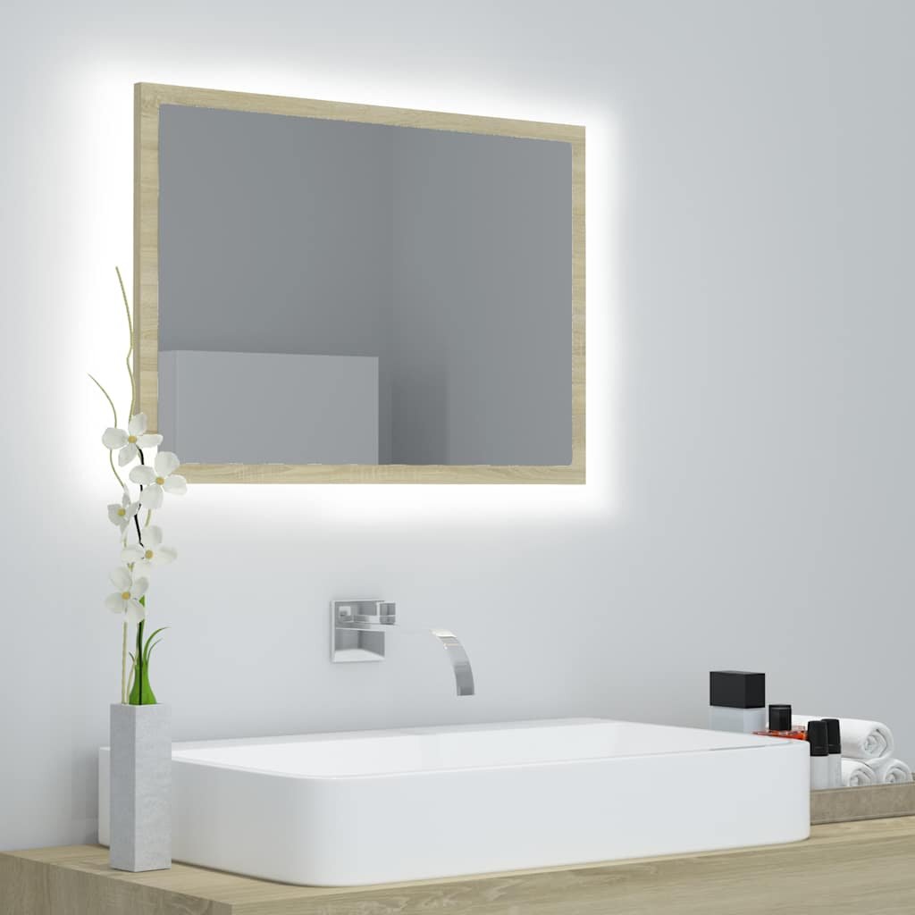 vidaXL LED огледало за баня дъб сонома 60x85x37 см акрил