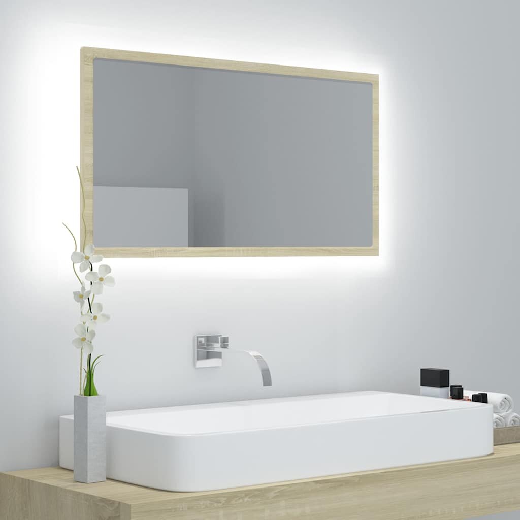 vidaXL LED огледало за баня дъб сонома 80x85x37 см акрил