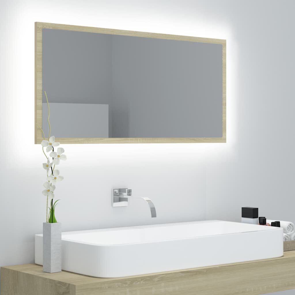 vidaXL LED огледало за баня дъб сонома 90x85x37 см акрил
