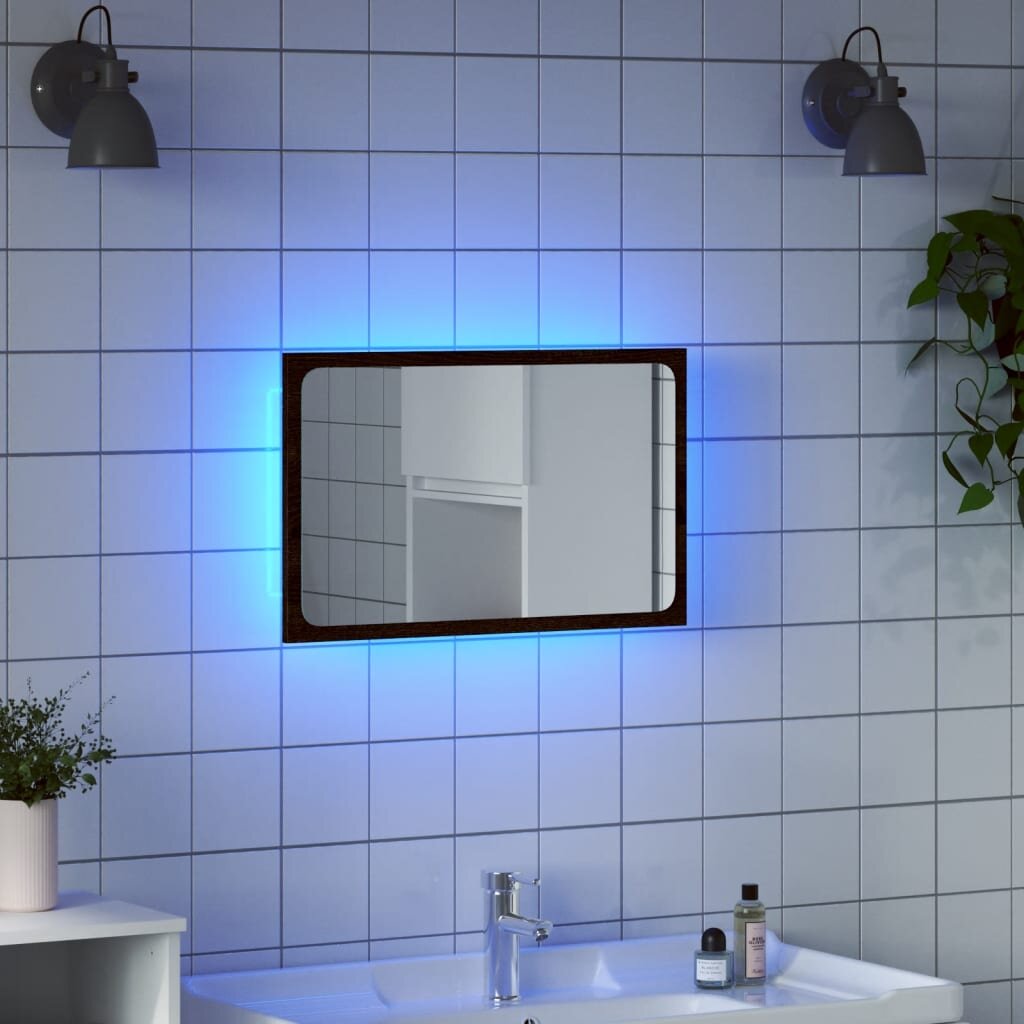 vidaXL LED огледало за баня кафяв дъб 60x85x38 см инженерно дърво