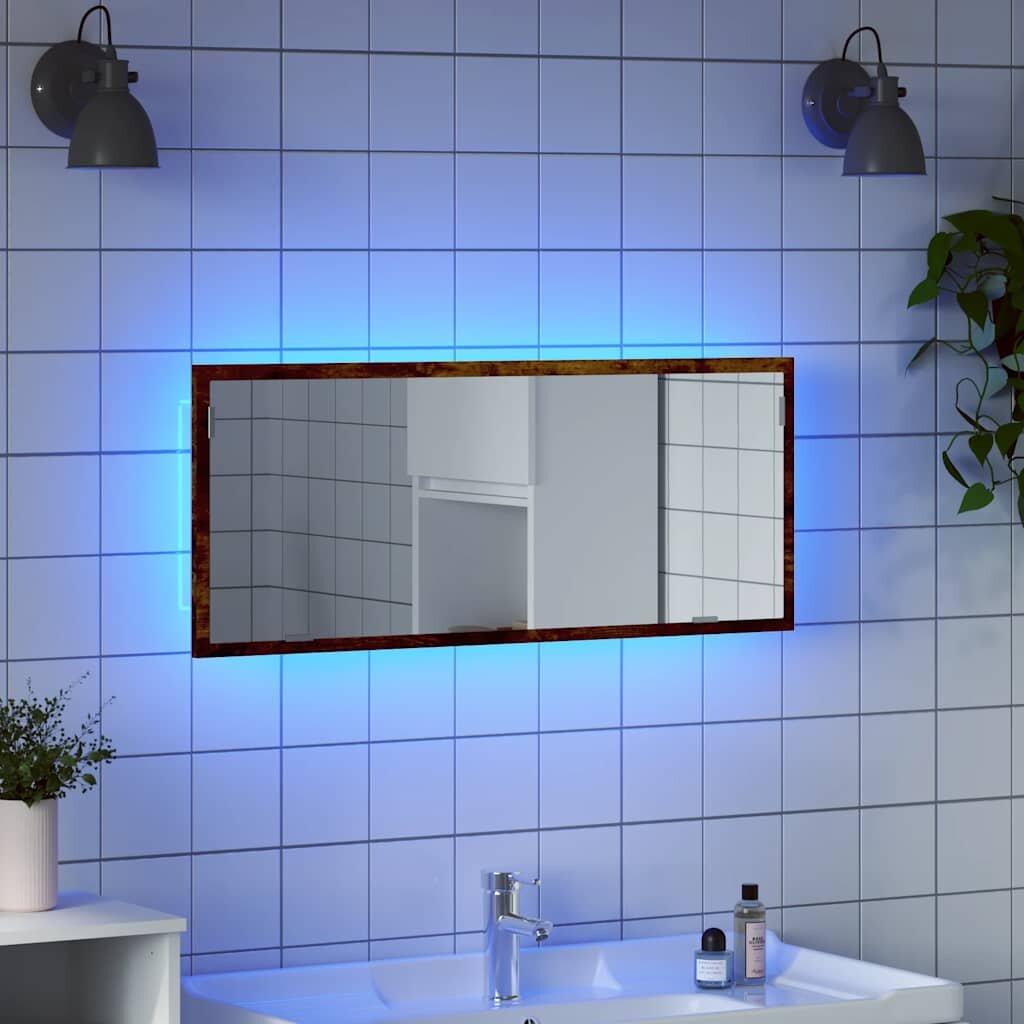 vidaXL LED огледало за баня опушен дъб 100x85x37 cm