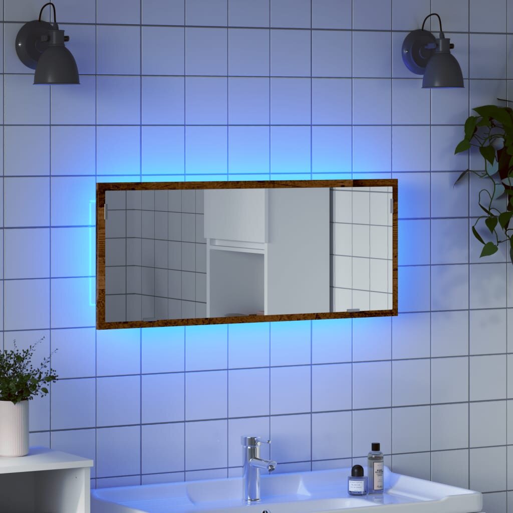 vidaXL LED огледало за баня от старо дърво 100x85x37 cm
