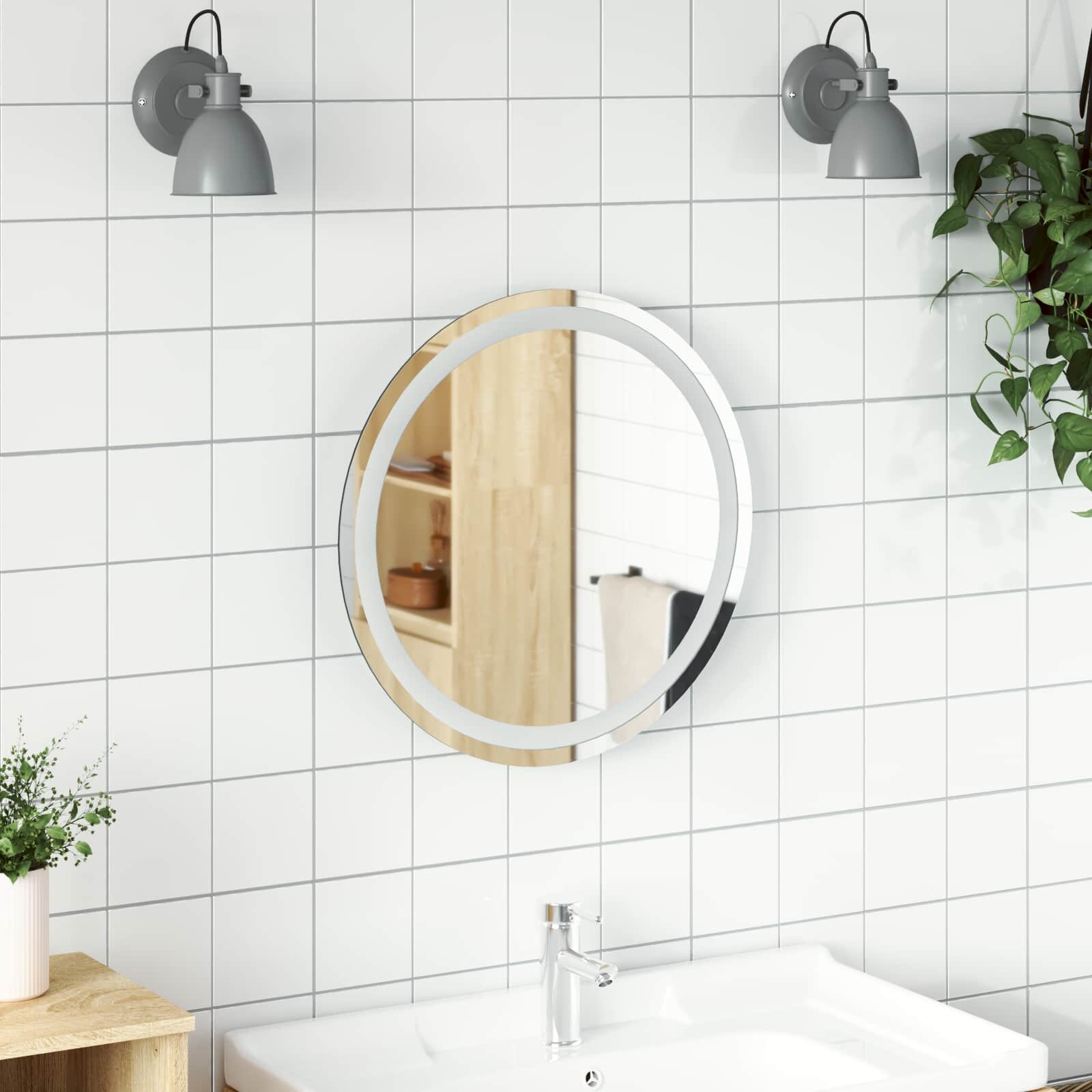 vidaXL LED огледало за баня Прозрачен Ø 50 cm закалено стъкло