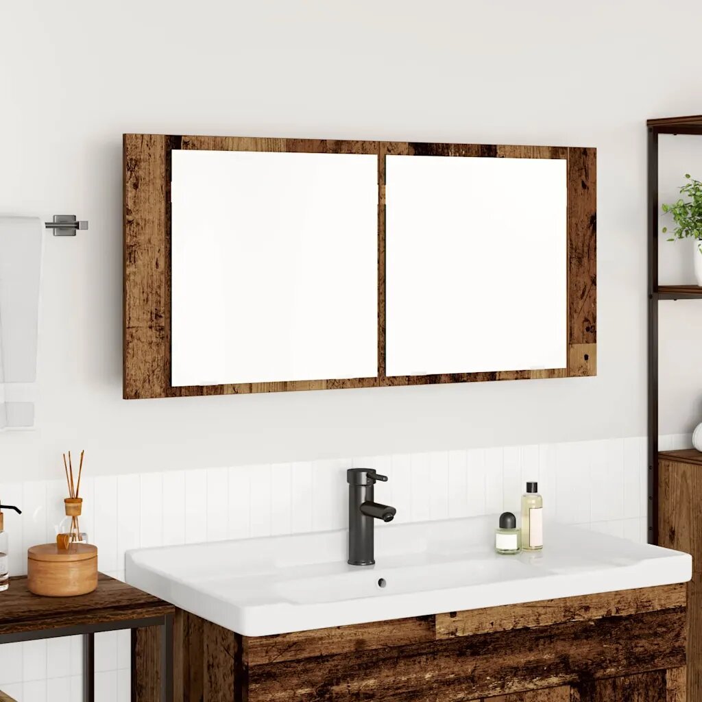 vidaXL LED Огледало за Съхранение Старо дърво 100 x 12 x 45 см