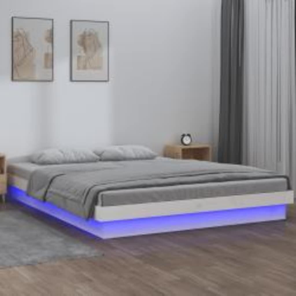 vidaXL LED рамка за легло бяла 140x200 см масивно дърво