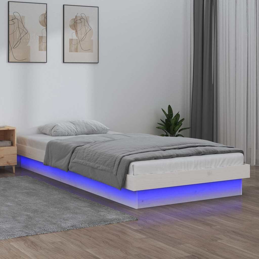 vidaXL LED рамка за легло бяла 90x190 см Single масивна дървесина
