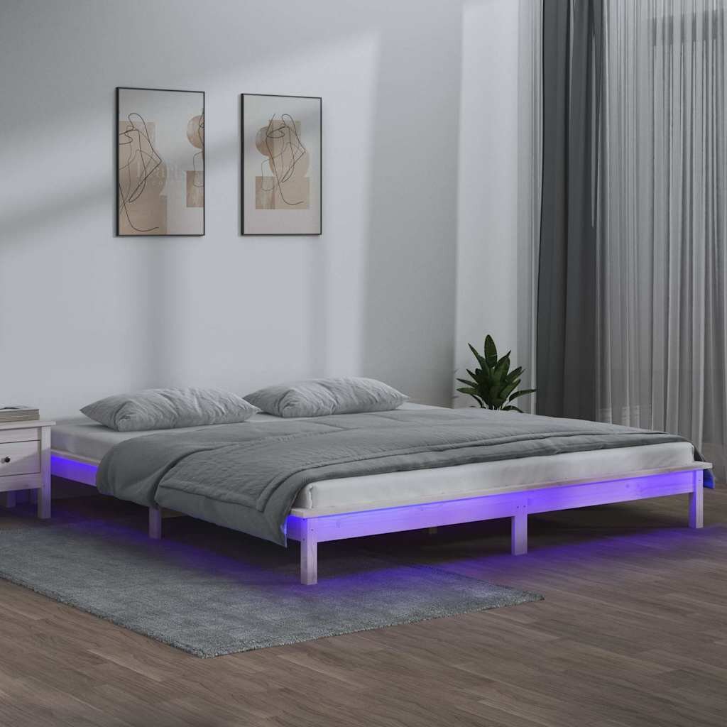 vidaXL LED рамка за легло бяло 135x190 см Double масивно дърво