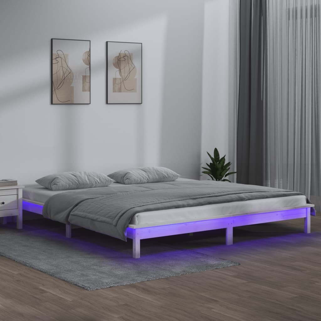 vidaXL LED рамка за легло бяло 150x200 см King Size масивно дърво