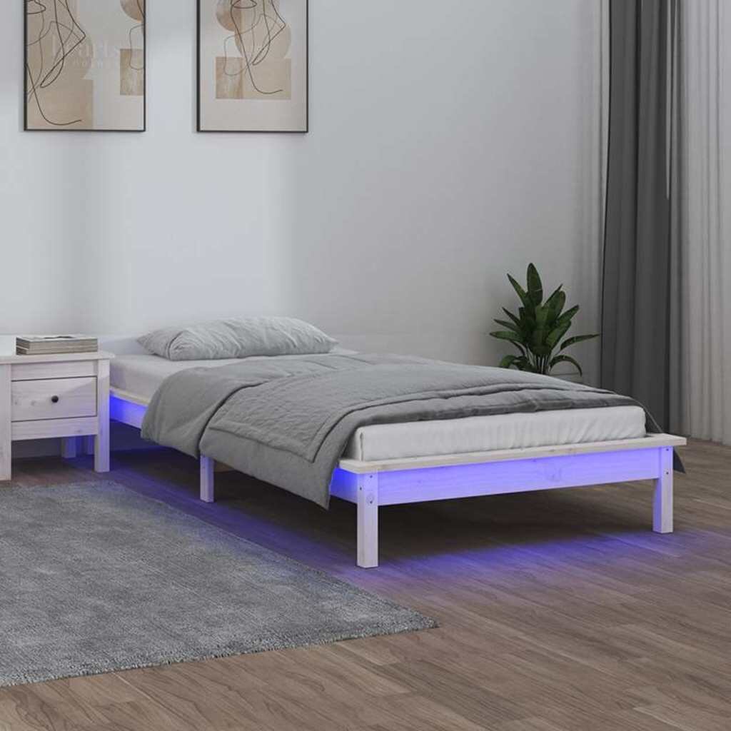 vidaXL LED рамка за легло бяло 75x190 см Small Single дърво масив