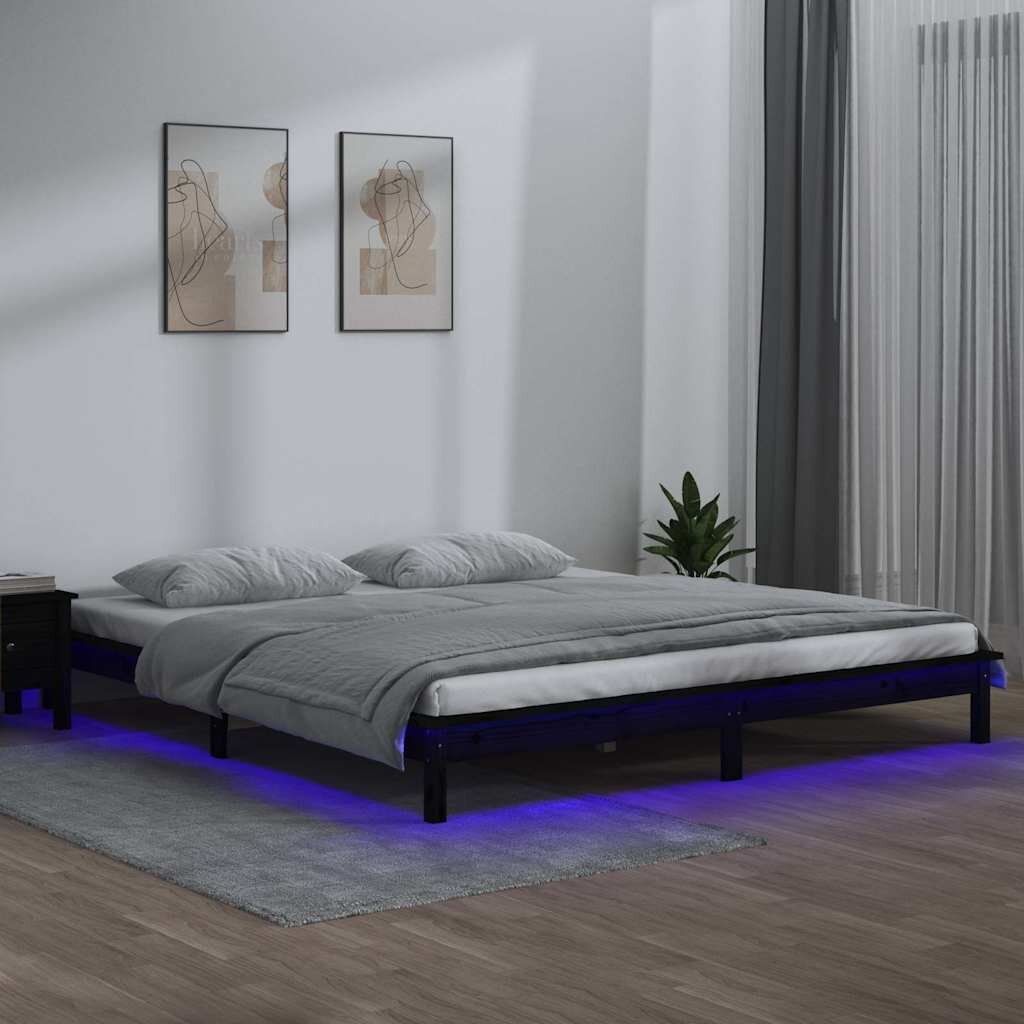 vidaXL LED рамка за легло черна 120x190 см Small Double масивно дърво