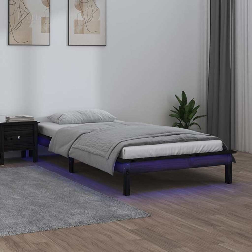 vidaXL LED рамка за легло черна 75x190 см Small Single дърво масив