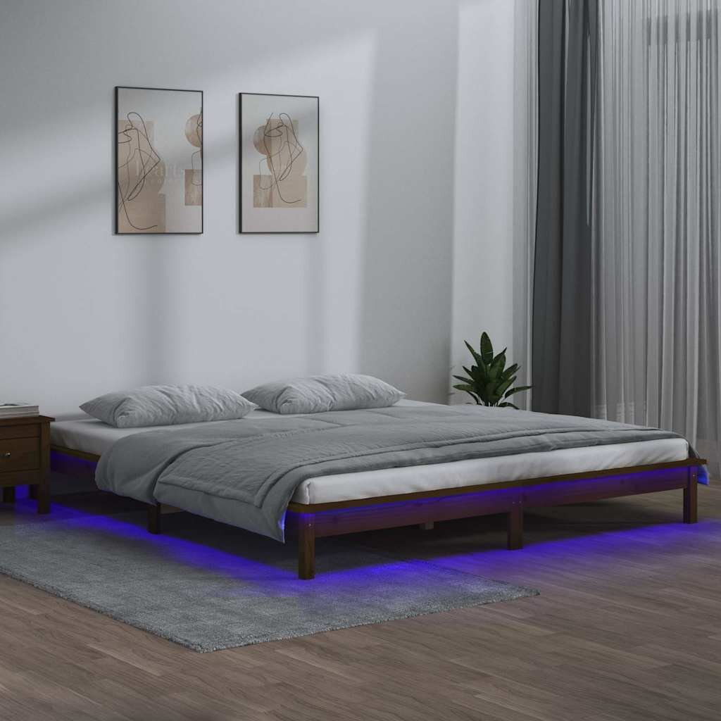 vidaXL LED рамка за легло меденокафява 140x190 см масивно дърво