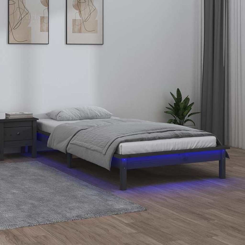 vidaXL LED рамка за легло сива 75x190 см Small Single дърво масив