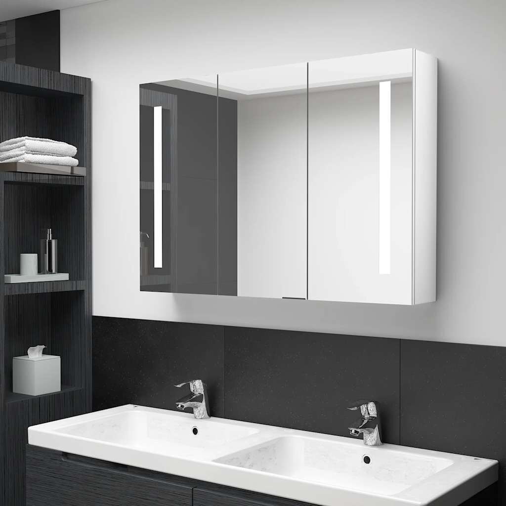 vidaXL LED шкаф с огледало за баня 89x14x62 см блестящо бял