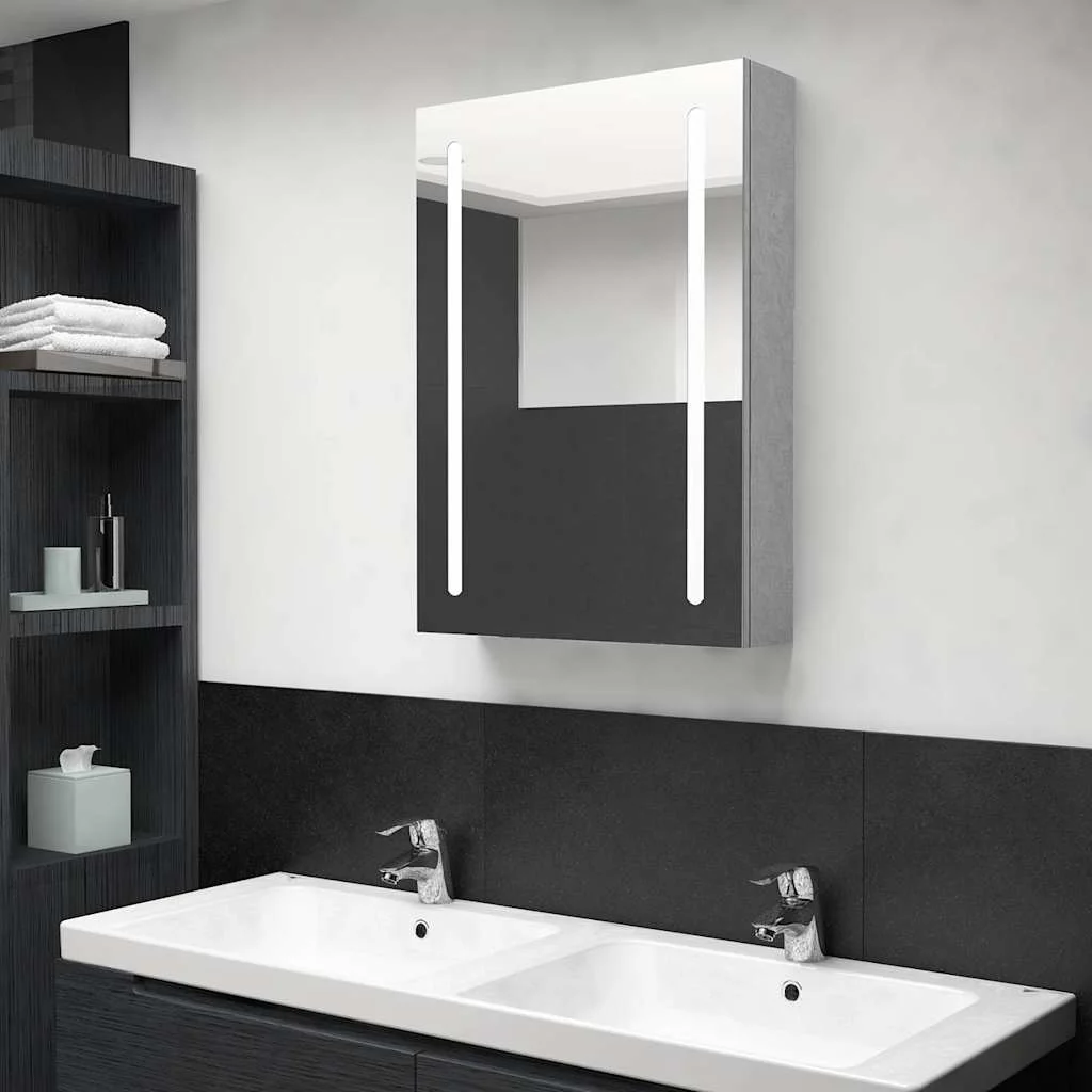 vidaXL LED шкаф с огледало за баня бетонно сив 50x13x70 см