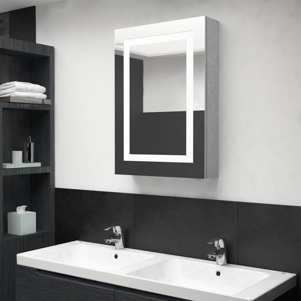 vidaXL LED шкаф с огледало за баня бетонно сив 50x13x70 см