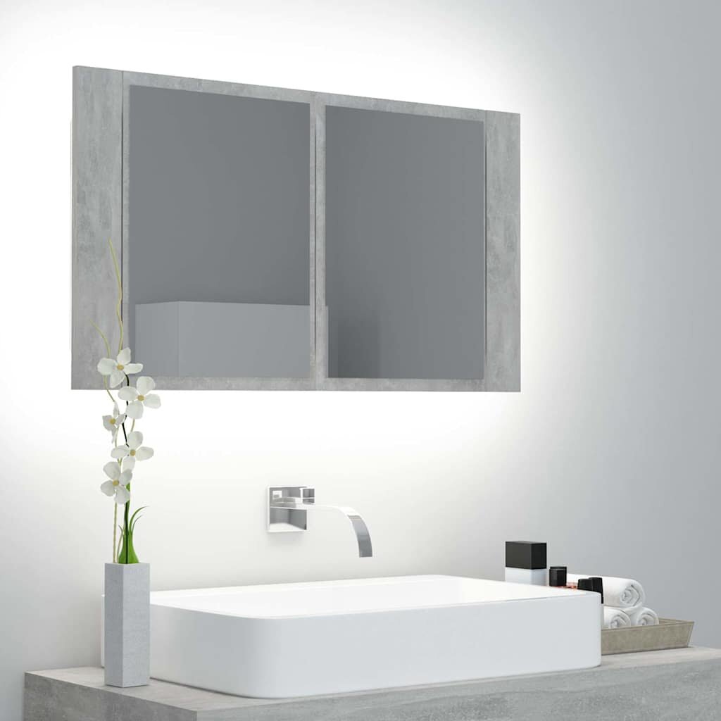 vidaXL LED шкаф с огледало за баня бетонно сив 80x12x45 см акрил