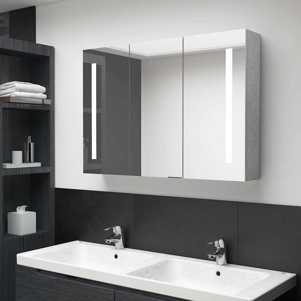vidaXL LED шкаф с огледало за баня бетонно сив 89x14x62 см