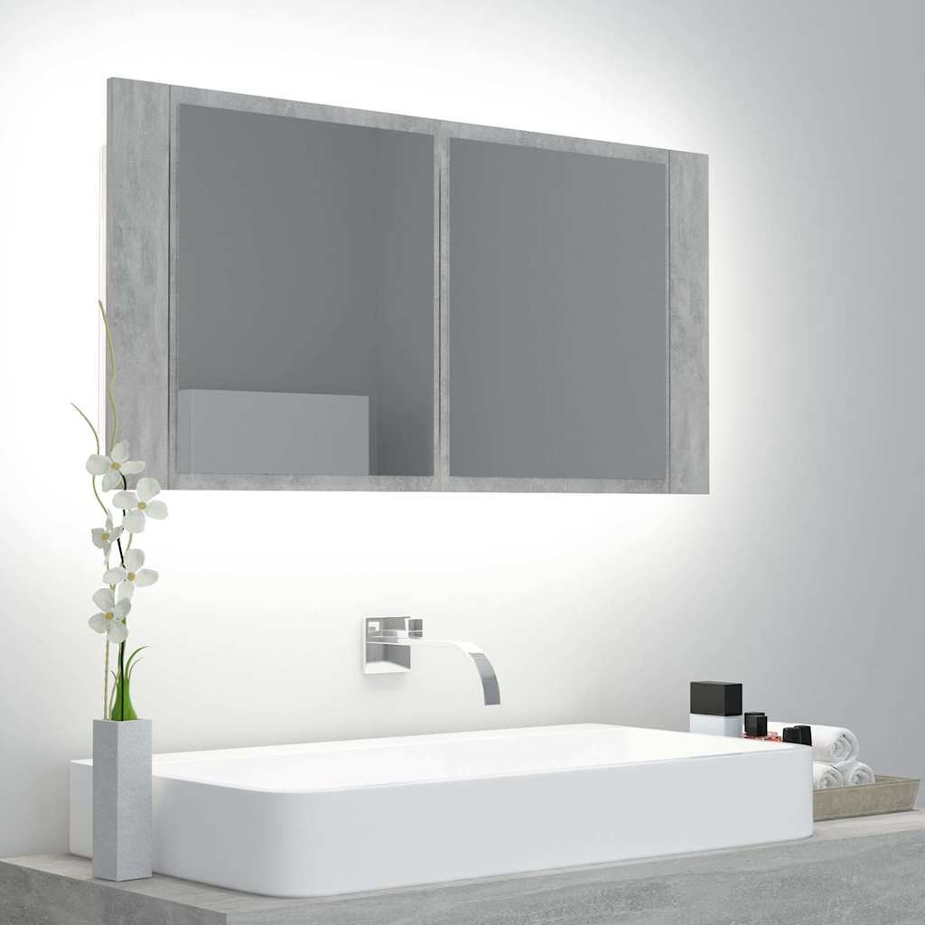 vidaXL LED шкаф с огледало за баня бетонно сив 90x12x45 см акрил