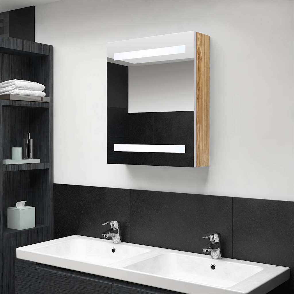 vidaXL LED шкаф с огледало за баня бяло и дъб 50x14x60 см