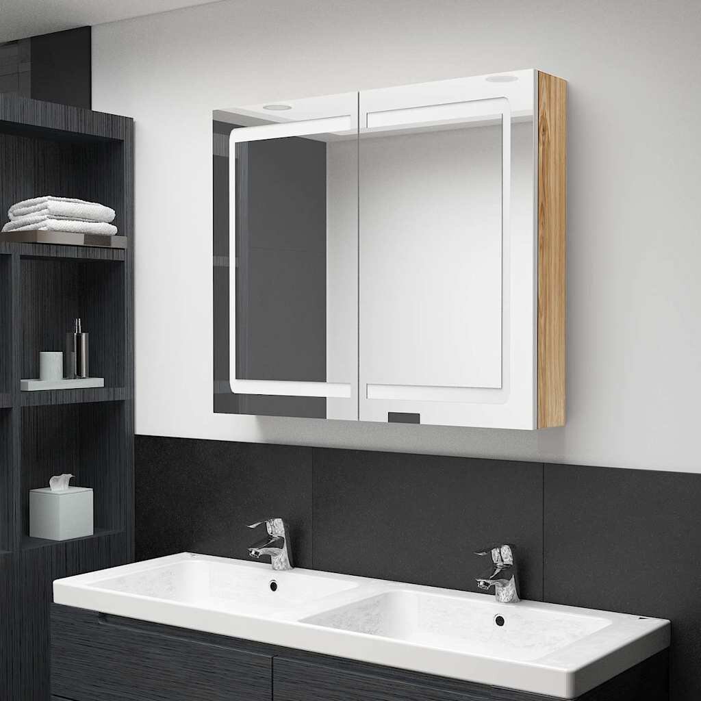 vidaXL LED шкаф с огледало за баня бяло и дъб 80x12x68 см