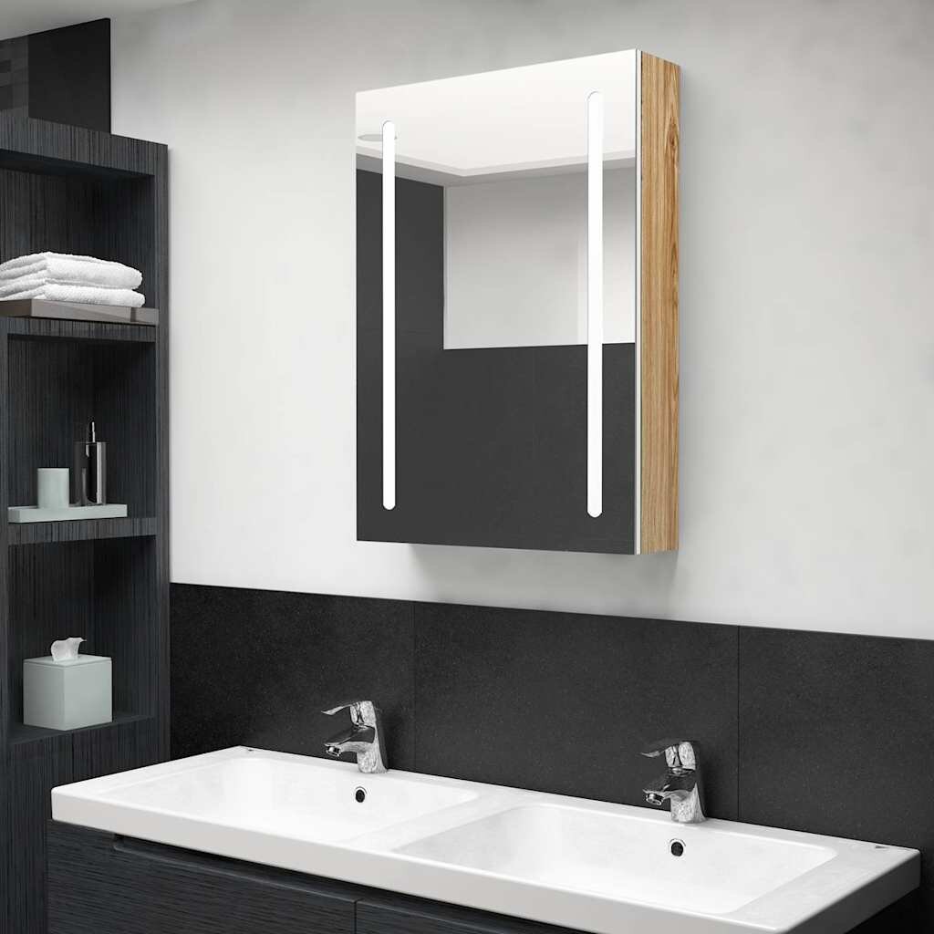 vidaXL LED шкаф с огледало за баня бяло и цвят дъб 50x13x70 см