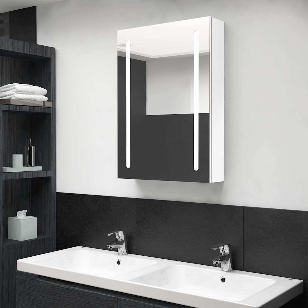 vidaXL LED шкаф с огледало за баня сияйно бяло 50x13x70 см