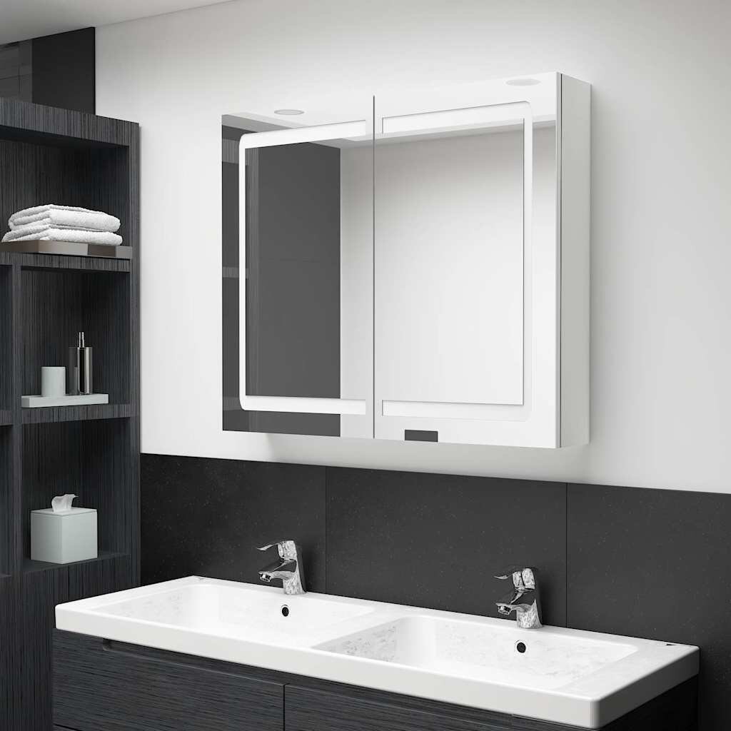 vidaXL LED шкаф с огледало за баня сияйно бяло 80x12x68 см