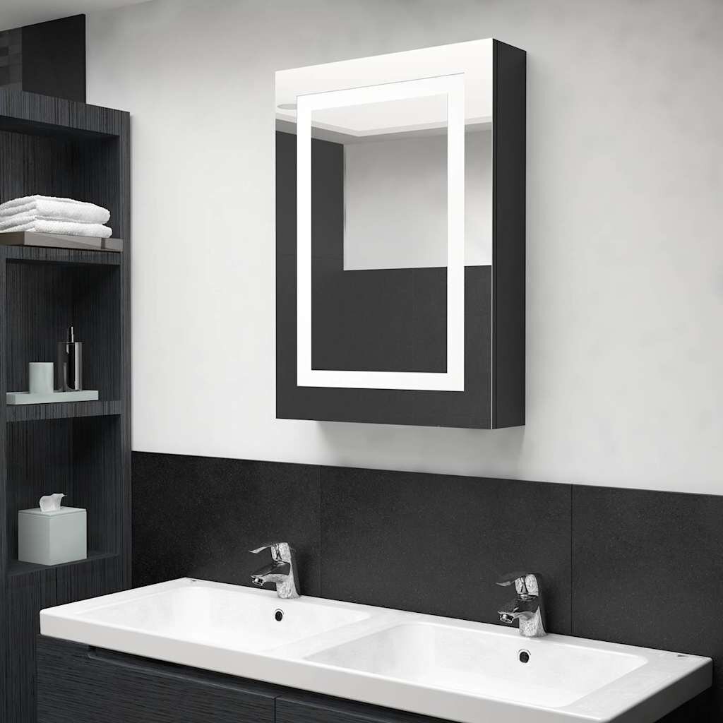 vidaXL LED шкаф с огледало за баня сияйно черно 50x13x70 см
