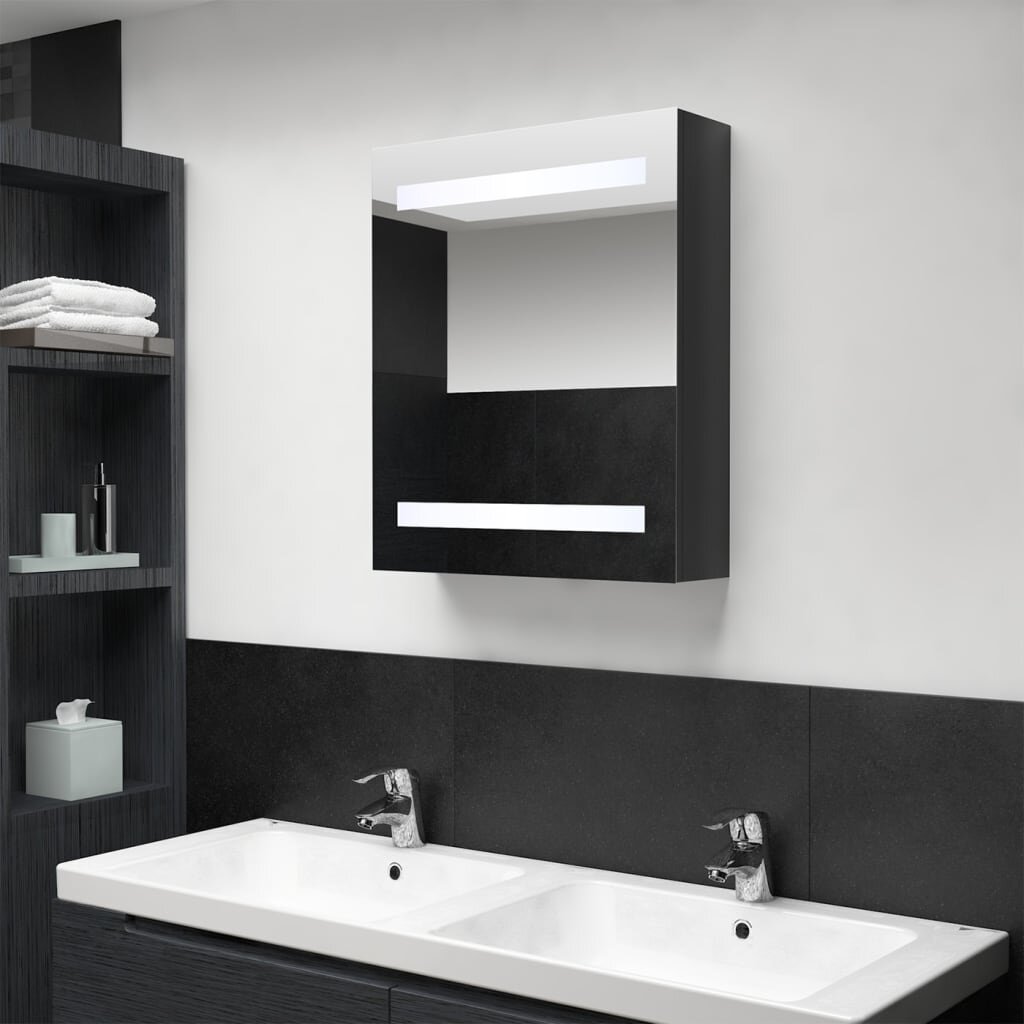 vidaXL LED шкаф с огледало за баня сияйно черно 50x14x60 см