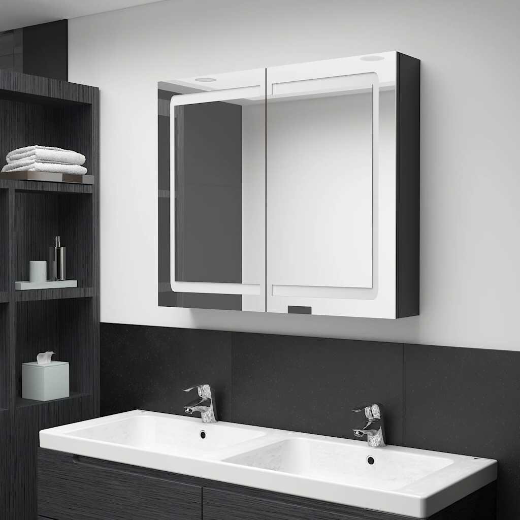 vidaXL LED шкаф с огледало за баня сияйно черно 80x12x68 см