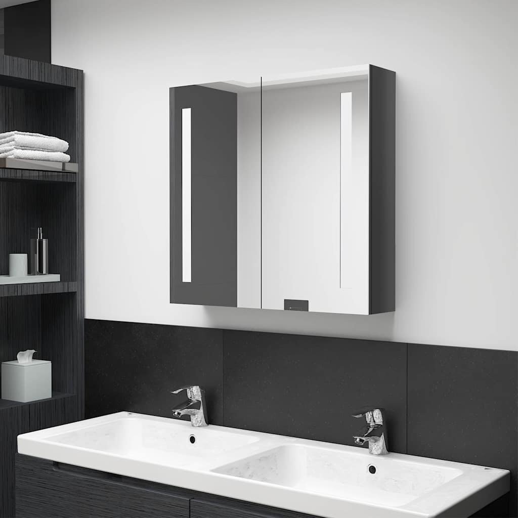 vidaXL LED шкаф с огледало за баня сияйно сиво 62x14x60 см