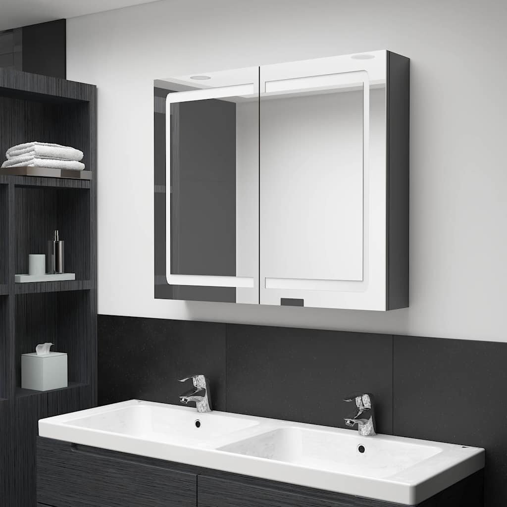 vidaXL LED шкаф с огледало за баня сияйно сиво 80x12x68 см
